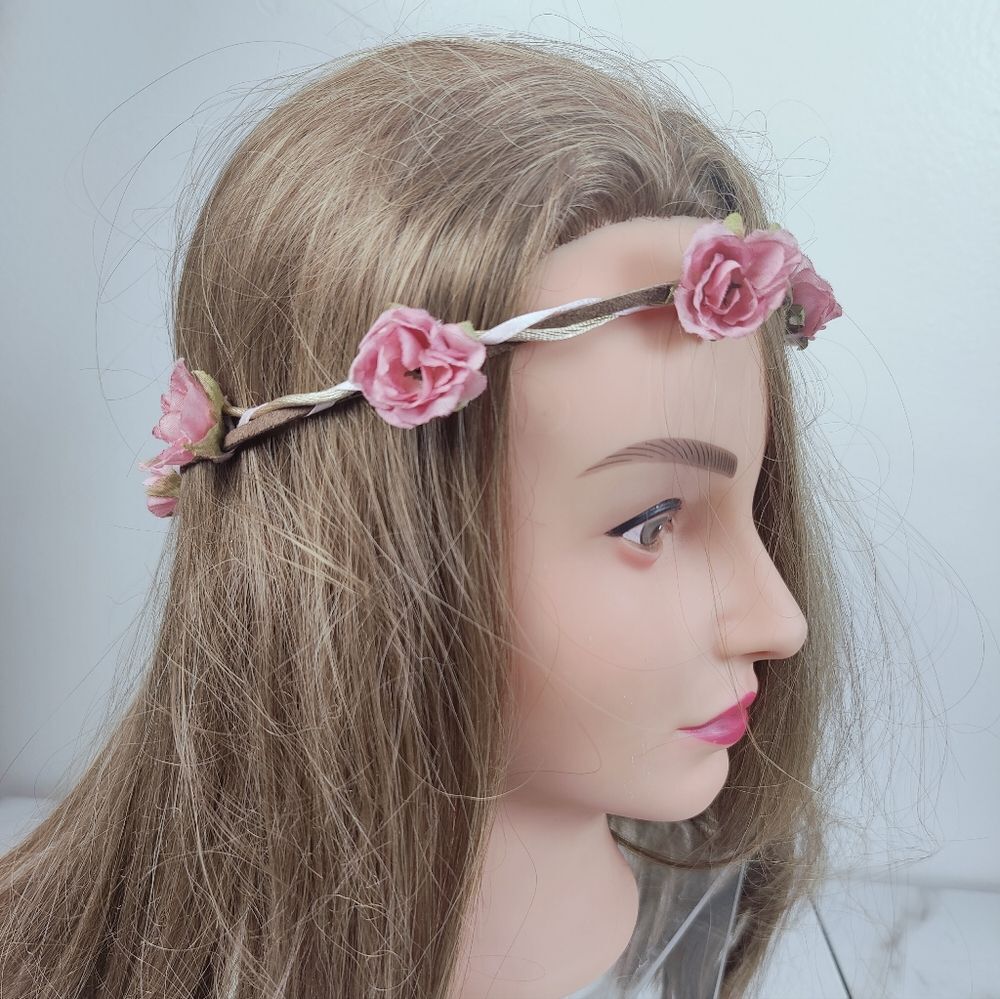 Handmade Pink Wild Roses Flower Crown Hippie Festival Bridal Headband, OS